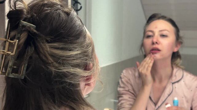 Woman applying cream to pimples while looking in the mirror, showing skincare routine, acne treatment, and personal care. Ideal for beauty, dermatology, and self-care concepts.