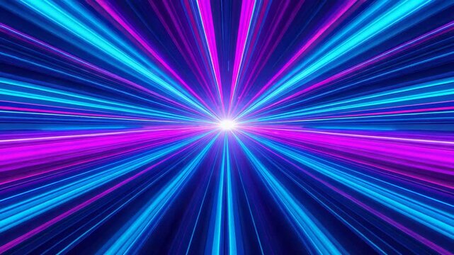 Vibrant abstract burst of blue purple pink neon light rays radiating from bright central star point with motion speed lines background