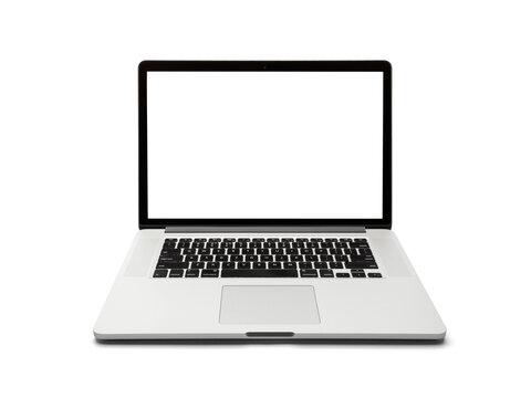 Dnepr, UKRAINE 04.29.2026 : A close-up view of a silver Apple MacBook Pro laptop on a white background, highlighting the iconic Apple logo and sleek aluminum design.