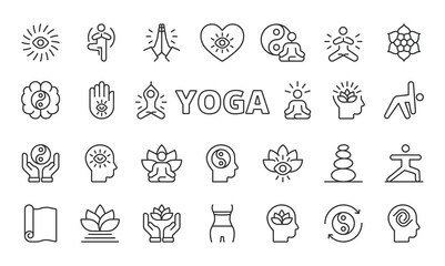Naklejka premium Yoga icons in line design. yoga, meditation, fitness, pose, balance, health, wellness on white background vector. Yoga editable stroke icons