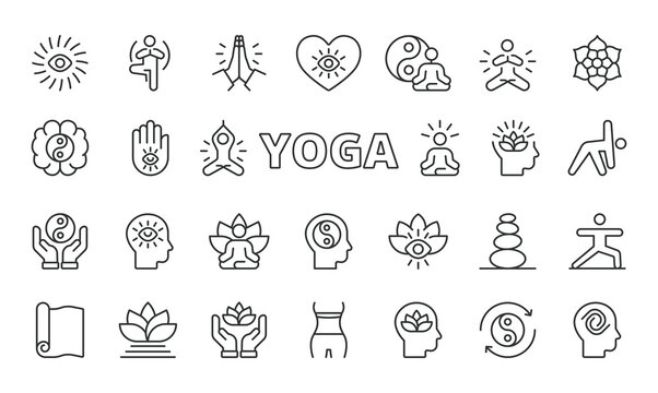 Yoga icons in line design. yoga, meditation, fitness, pose, balance, health, wellness on white background vector. Yoga editable stroke icons