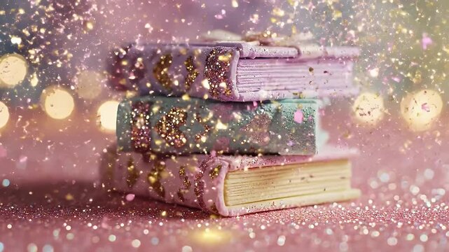Stack of Ornate Pastel Hardcover Books Resting on Glittering Pink Surface Under Soft Warm Bokeh Lights