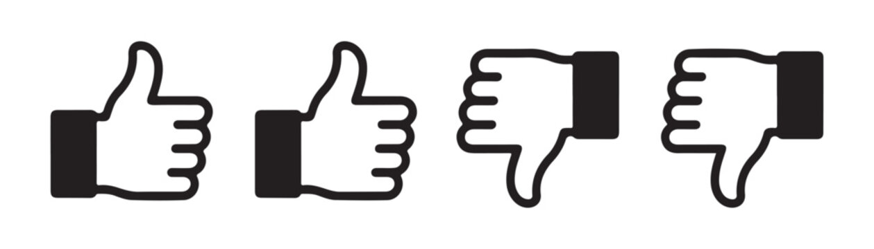 Modern set of thumbs up and thumbs down outline hand gesture icons in black color for website interface ui.