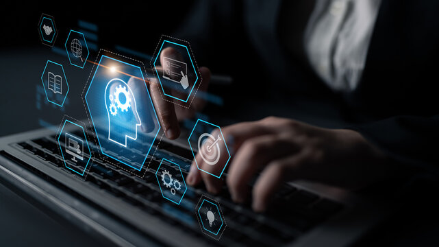 Head with gear and icons representing learning, digital training, and development process, showing skill growth for human or AI systems through knowledge or task optimization Latch