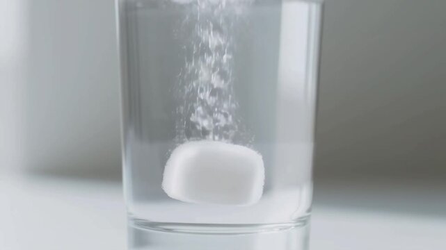A fizzy effervescent tablet dissolves in a clear glass of water on a table.