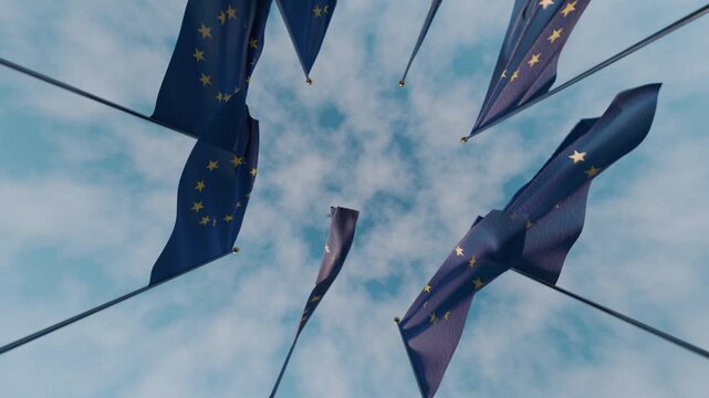 Several European flags rotate in the sky