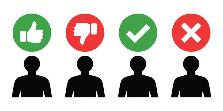 People avatar with approval or denial symbol, silhouette user with thumb up and down, check and x mark.