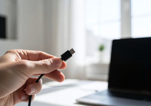 Hand Holding USB Type-C Cable Near Laptop, Fast Charge and Data Transfer Concept