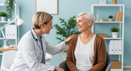 Fototapeta premium Compassionate female doctor comforting senior patient during consultation