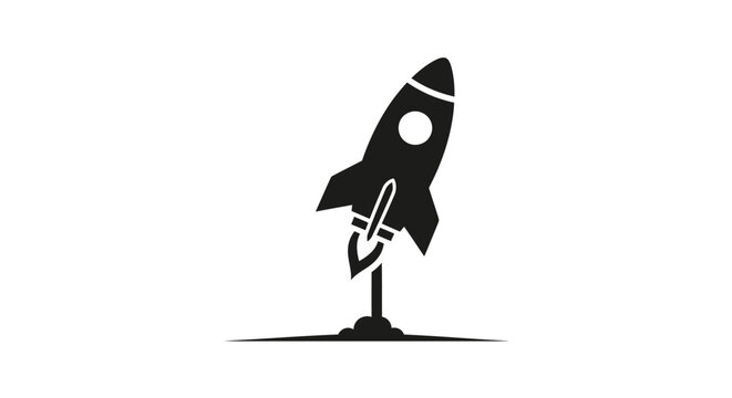 Minimalist black silhouette icon of a rocket launching into space.
