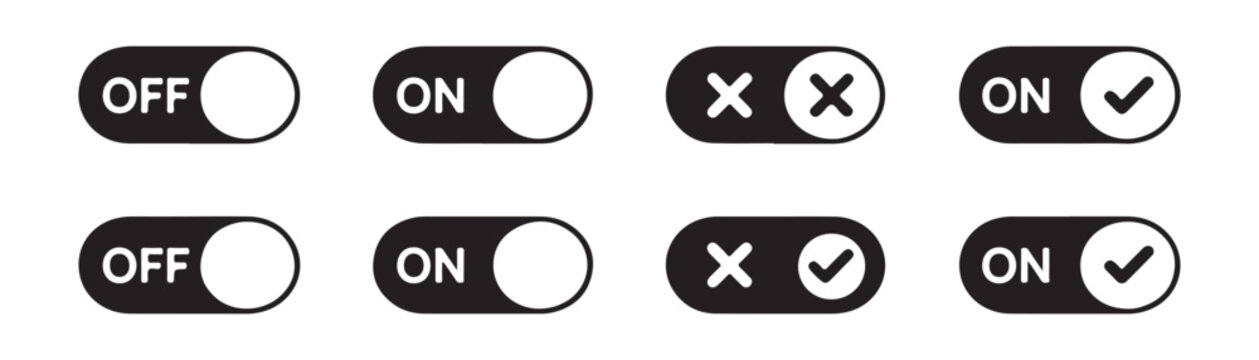Toggle switch buttons with on off labels and checkmark cross icons for mobile application interface design.