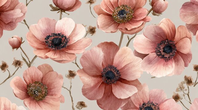  Delicate Watercolor Anemone Pattern &mdash; Soft Pink Flowers with Dark Centers on a Neutral Background, Seamless Design