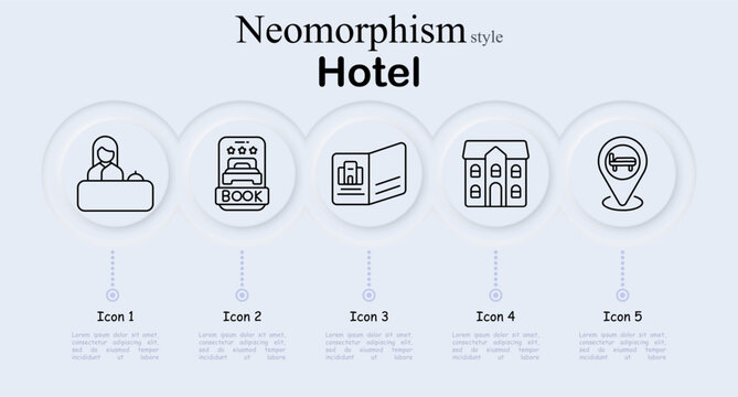 Hotel service set icon. Reception desk concierge, online booking room, travel brochure guide, hotel building accommodation, location pin bed, tourism hospitality, guest service