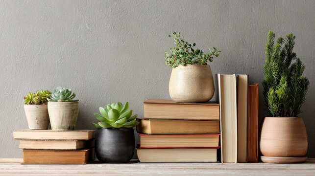 Serene Books and Succulents Arrangement &mdash; Minimalist Home Decor with Greenery and Literature