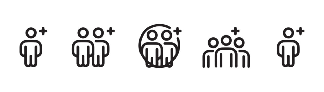 Add new user icon set people group plus symbol interface person crowd add button outline.