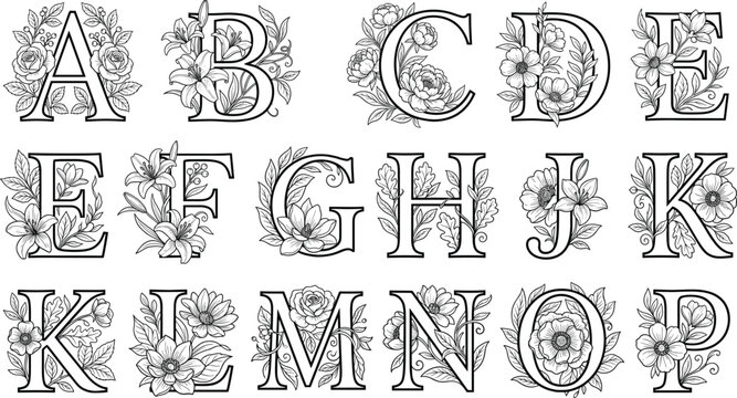 Floral Alphabet Letter Set with Intricate Flower Designs for Elegant Typography and Decorative Art
