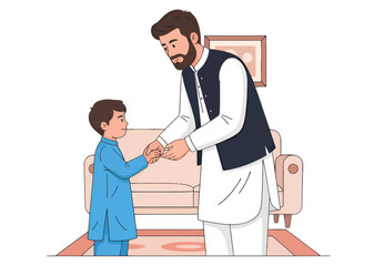 Obraz premium Muslim father giving Eidi money to his son, happy family celebrating Eid al-Fitr, vector illustration isolated on White Background