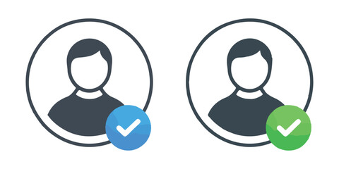 Circular profile portrait icons showing human silhouettes with verified checkmarks for online identity systems. © Ruyel