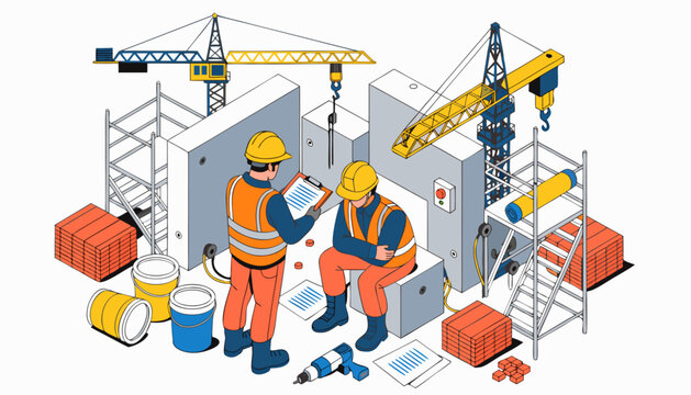 Construction site meeting with female engineer using laptop blueprints, discussing plans with worker from back view.