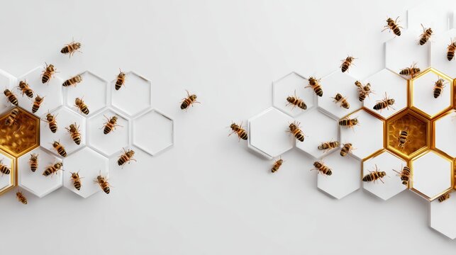 Busy Bees at Work: Hexagonal Honeycomb Structure with Bees &mdash; Natural Harmony and Productivity Symbol