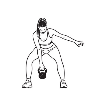 Minimal black and white vector silhouette of a person performing a one arm kettlebell swing exercise, perfect for gym, fitness, and workout themed designs.