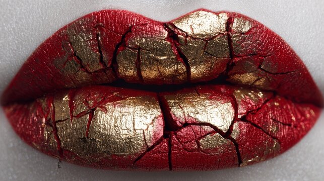 Cracked Gold-and-Red Lip Art: Dramatic Makeup Close-Up for Fashion, Beauty & Art Projects