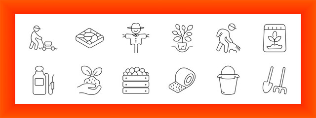Gardening and farming line icons set with lawn mowing, seed tray, scarecrow, potted plant, harvesting worker, fertilizer bag, pesticide bottle, seedling hand, vegetable crate, hay bale, bucket © Anastasia