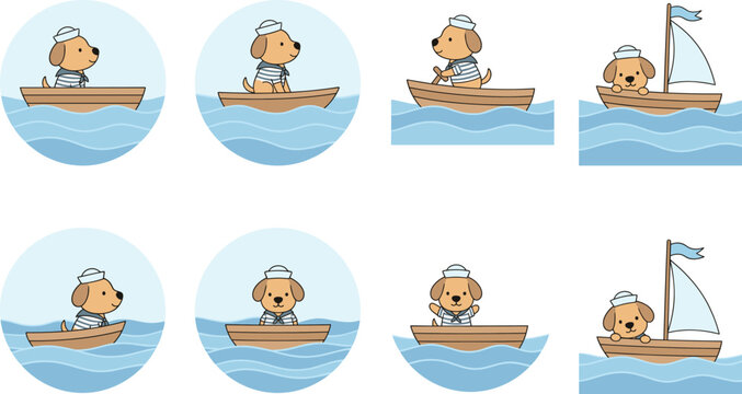 Adorable Dog in Sailor Outfit on Small Boat with Sail for Nautical, Water Adventure, and Marine Themes