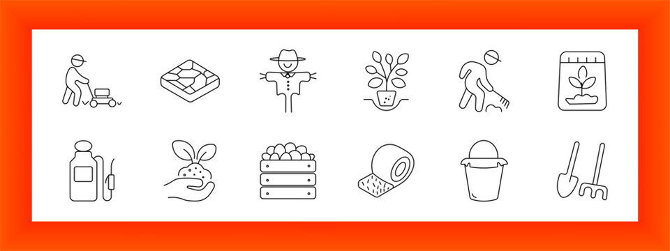 Gardening and farming line icons set with lawn mowing, seed tray, scarecrow, potted plant, harvesting worker, fertilizer bag, pesticide bottle, seedling hand, vegetable crate, hay bale, bucket