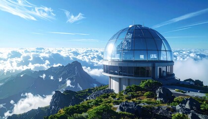 Fototapeta premium Modern Glass Dome Observatory Perched Atop a Mountain Above Clouds.