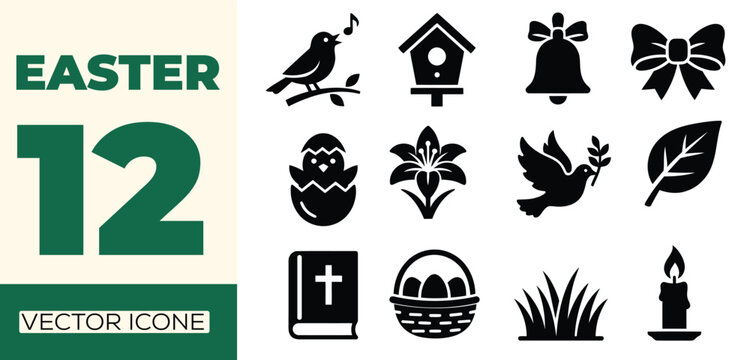 Easter icon set. Contain icons related to bird, egg, lily, cross, basket, spring holiday, and more. Editable stroke. Vector illustration