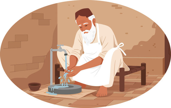 Elderly man performing ritual handwashing with clean running water from a tap over a grinding stone