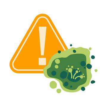 Flat mold hazard icon with orange alert marker and green fungus. Clean vector graphic for damp damage alerts, indoor health topics and contamination layouts.