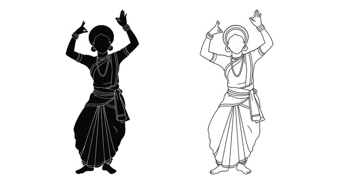 Indian dancer in traditional costume black and white silhouette high quality
