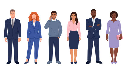 Obraz premium Diverse business team members wearing professional office attire | Group of multinational cartoon employees standing | Flat style vector illustration
