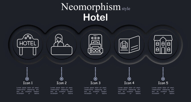 Hotel set icon. Hotel sign stars, reception desk service, online room booking, travel brochure guide, building accommodation, tourism hospitality, guest service