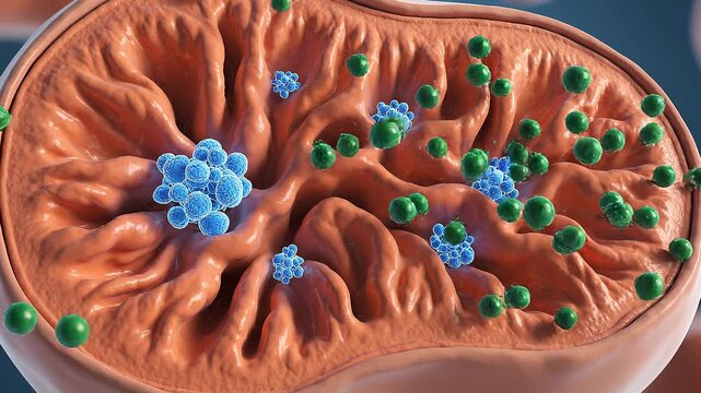 "Magnified mitochondrion with folded cristae, enzymes, and molecular complexes, symbolizing cellular respiration, energy metabolism, and life&rsquo;s powerhouse."