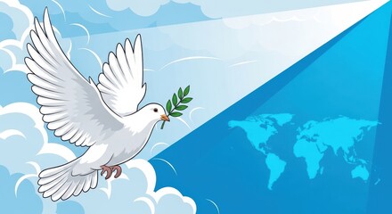 Obraz premium White dove carrying an olive branch over a world map