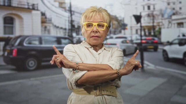 Woman senior hispanic with crossed arms and index fingers pointing outward, wearing yellow glasses and beige dress on a street near traffic and buildings; confidence assertiveness.