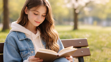 Fototapeta premium Teenage girl reading book on park bench in warm sunlight, peaceful outdoor study scene with soft nature background and calm mood