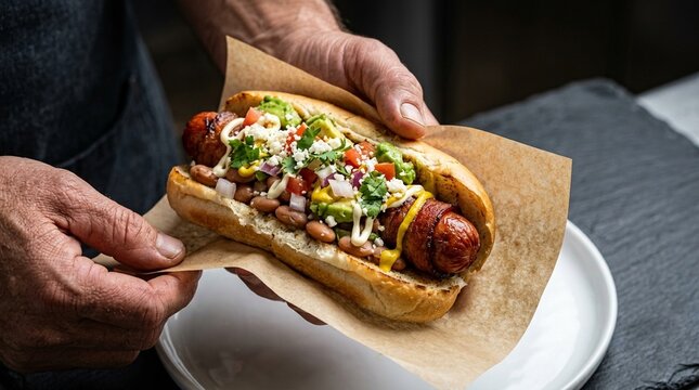 Sonoran Hot Dog Vivid Bacon-Wrapped Dog In Bolillo Roll With Pinto Beans And Avocado Tight Macro Close-Up Extreme Detail Cheese Melt Or Texture