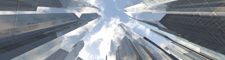 Skyscrapers, high-rise buildings from below against the background of the sky, cityscape, panorama of skyscrapers, 3D rendering © ustas