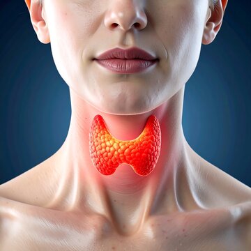 Human Thyroid Gland Anatomical 3d Illustration On Female Neck With Glowing Red Effect And Professional Medical Lighting On Blue Background