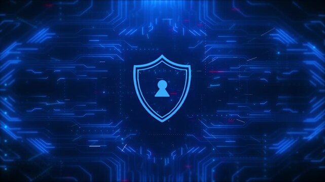 Blue cyber security background shield lock icon, glowing circuit paths, digital protection theme, and dark tech depth. privacy firewall alerts, data safety promos, software screens, secure overlays.