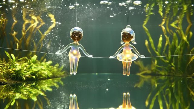Two Tiny Astronaut Figures Floating Serenely in an Underwater Aquarium Jungle