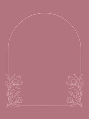 Elegancka ramka z łukiem i kwiatami magnolii – różowe tło, styl line art © Monika