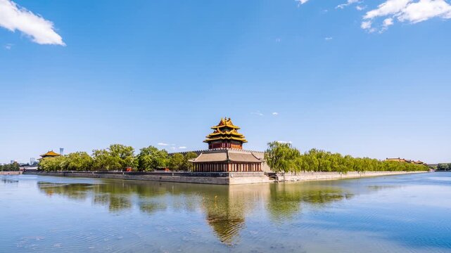 Timelapse of the scenery Corner Tower of the Forbidden City in Beijing, China