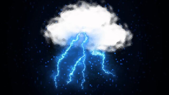 Cloud animation with digital lightning strikes. Abstract cloud with electric energy. Cloud lightning technology background graphic on blue.