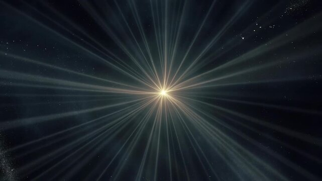 Bright cosmic light burst with radiant beams in an abstract style on a dark space background, evoking cosmic energy