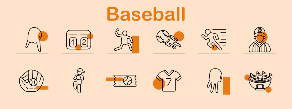 Baseball set icon. Line symbols depict baseball field, scoreboard, pitcher throw, flying ball, running player, umpire, glove catch, batter, ticket, jersey, mascot, stadium